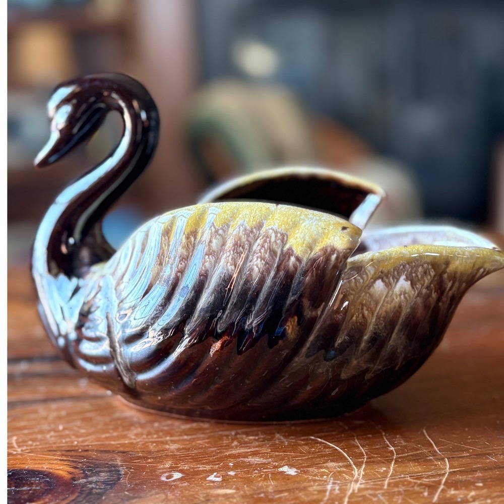 Vintage Ceramic Swan Planter Brown Yellow Drip Glaze Made in Japan MCM Decor